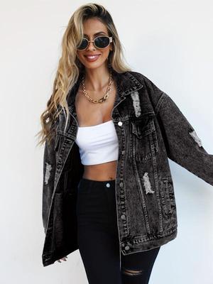 Xintang Denim Stylish Ripped Jacket – High-End European & American Design for Women