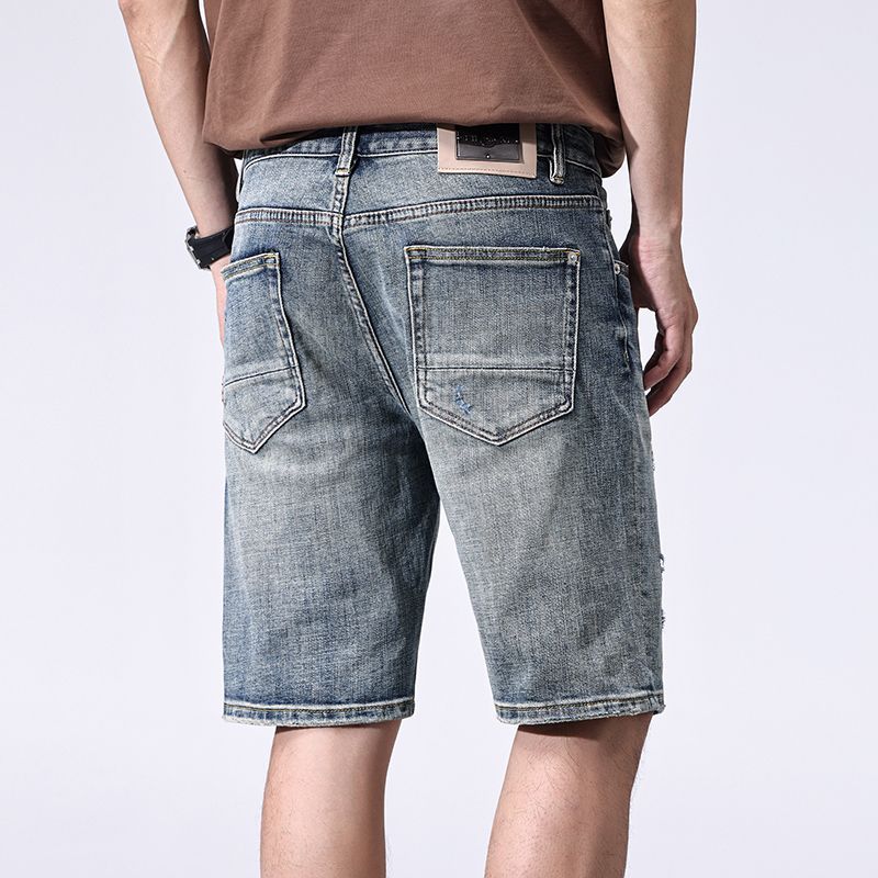 New Summer Scraped Denim Shorts Slim Straight Mid-leg Pants American Ripped Five-point Pants