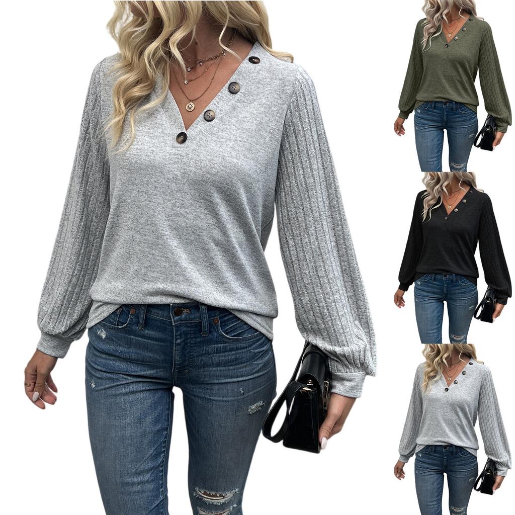 Women's Casual Fashion Button Decoration Stitching V-Neck T-Shirt Pullover