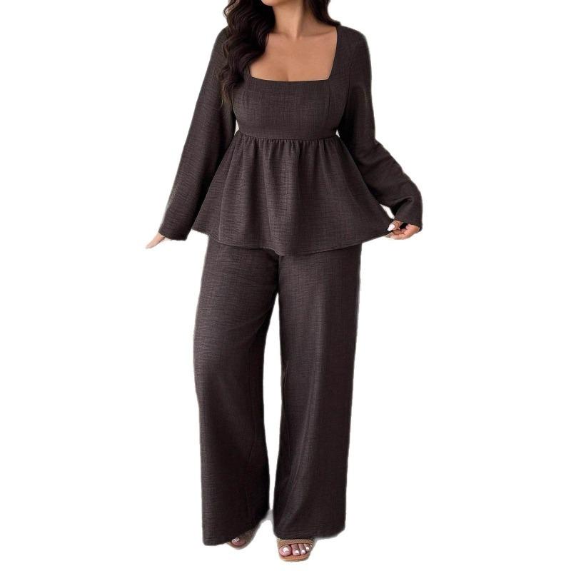 Square-neck Lotus Leaf Hem Long Pants, Plus-size Fashionable Long-sleeved Lotus Leaf Top, Wide-leg Long Pants Two-piece Set