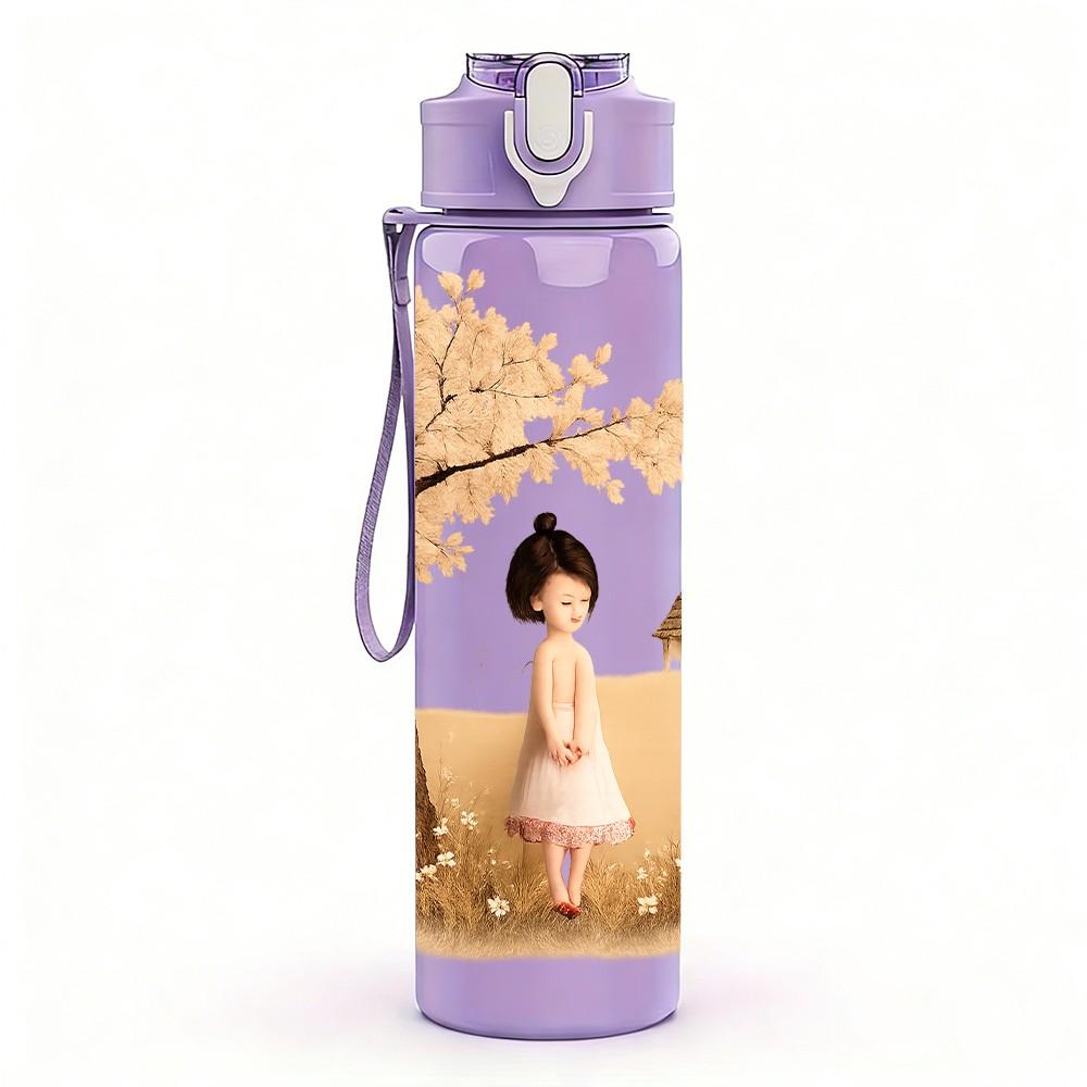1PC Little Girl Under Big Tree Scene Print 750ml Color Plastic Sports Water Bottle Leakproof Flip Straw Lid Suitable for Sports Office Home Use