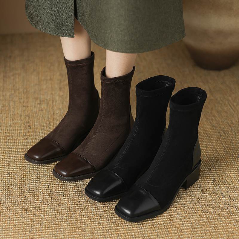 Krazing Pot Microfiber Flock Autumn Winter Shoes Thick Med Heels Size 43 Elastic Boots Stretch Patch Work Ankle Boots