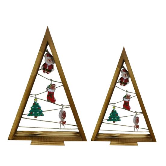 2Pcs Wooden Christmas Tree Ornament with LED Light Farmhouse Rustic Glowing Xmas Tree Table Sign Home Office Desktop Triangle Decoration