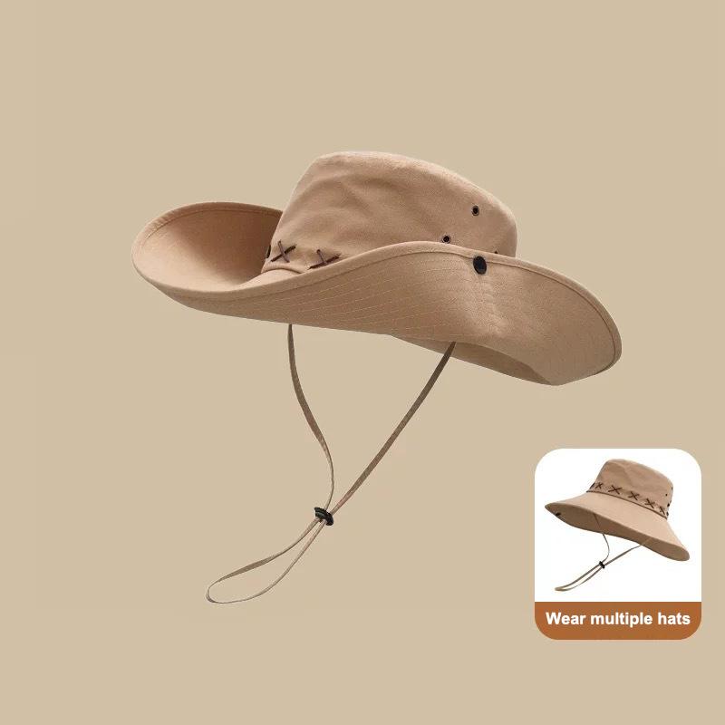 Breathable Western Cowboy Hat Solid Color Adjustable Wide Brim Sun Hat Outdoor Mountaineering Fisherman Sunshade Cap Travel 1PC