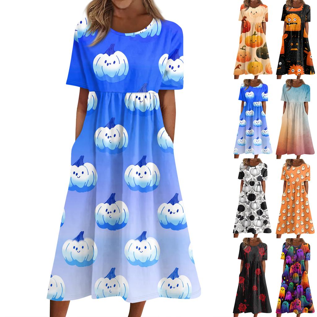 Summer Dress For Women Casual Printed Short-Sleeve Beach Swing Dress