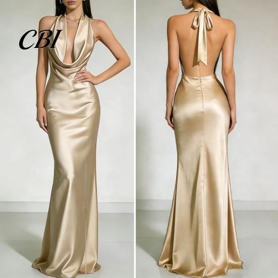 Alltagskleid Damen Sexy Rückenfreies Maxikleid, Tiefes V-Ausschnitt Ärmellos Bequemes Neckholder Satin Lang Formelles Abendparty Meerjungfrauen-Kleid Einfarbig