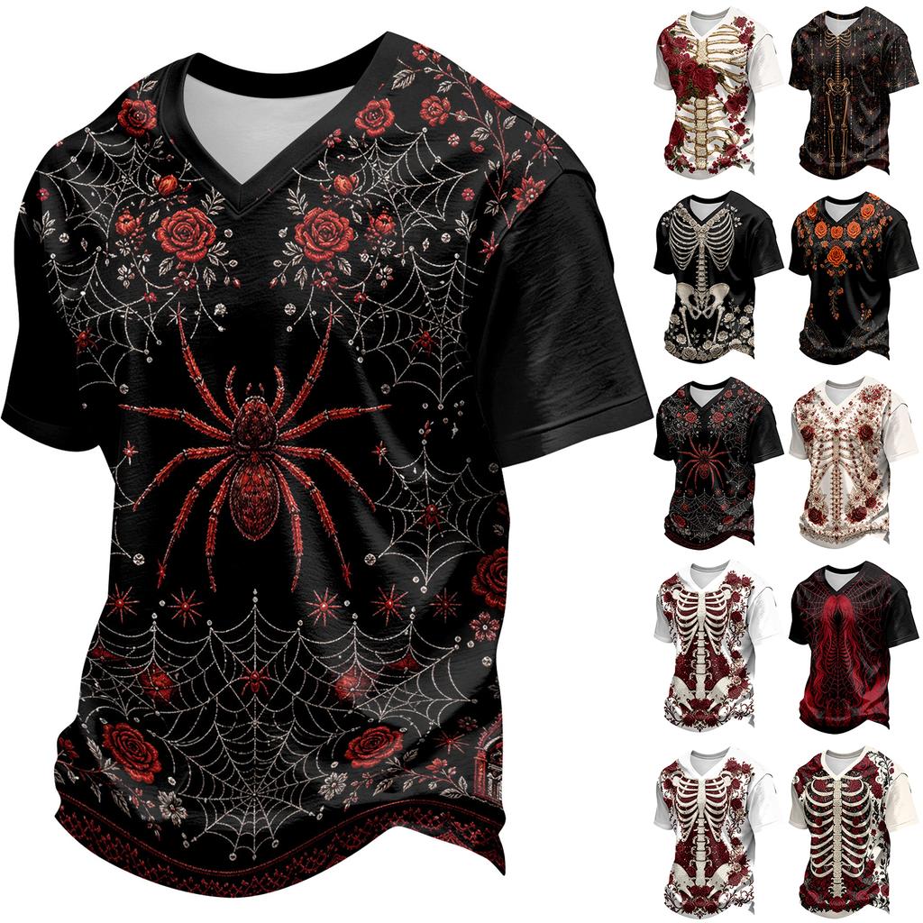 Men's V-Neck Halloween Print T-Shirt for Holiday Parties