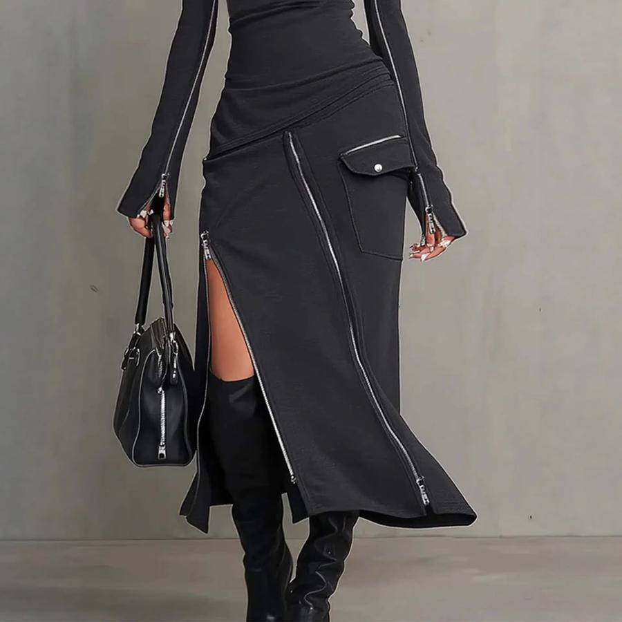 Neues High-Neck Langarm Maxikleid A-Linie Rock Lässiges Mode-Unifarben-Set