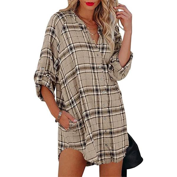 Kadın V yaka Uzun kollu tişört elbise Yeni Kadın Üst Midi Elbise Moda Kare Izgara Gömlek Elbise Rahat Yaka Büyük Beden Bluzlar
