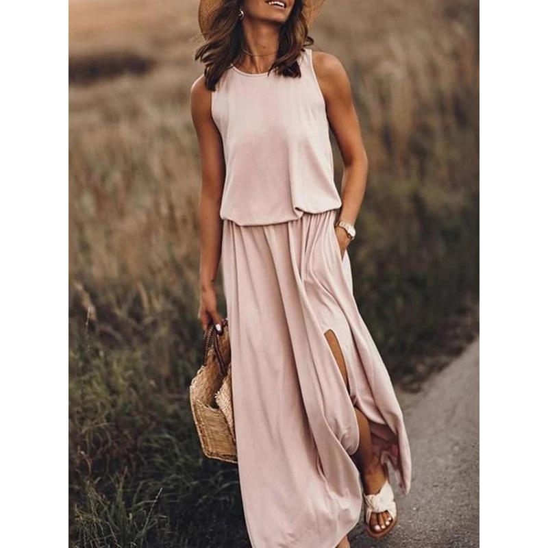 Vestido Largo Casual de Color Sólido sin Mangas con Cuello Redondo, Abertura Lateral, Ropa Nueva Europea y Americana para Mujer de Primavera y Verano