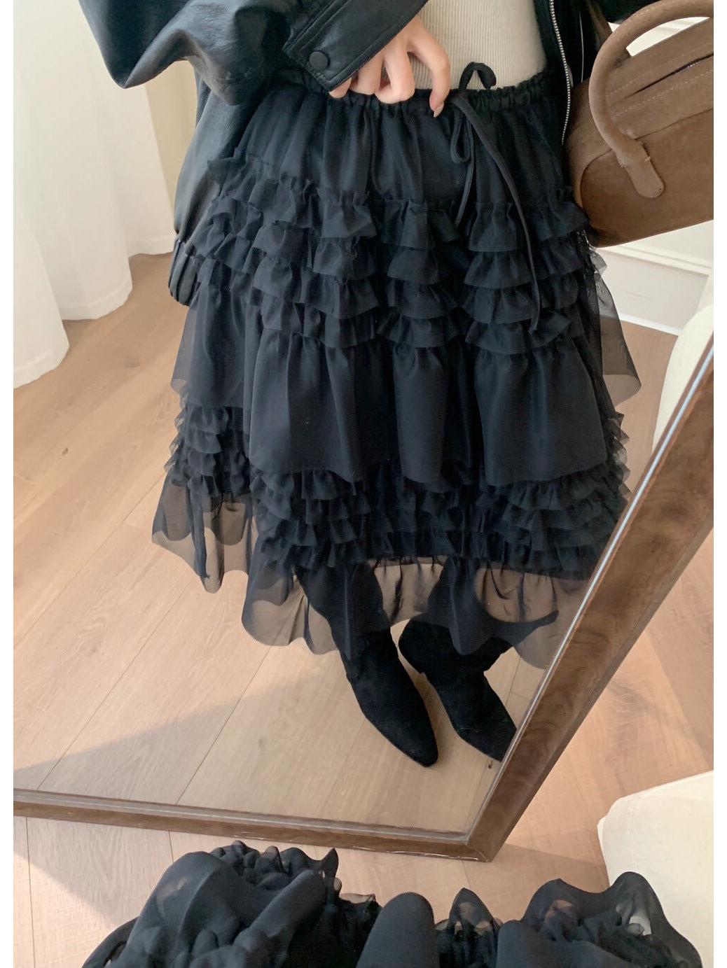 

Korean Style Spring Elastic Waist Layered Midi Skirt - Women s Fluffy Lace & Mesh Design One Size чорний
