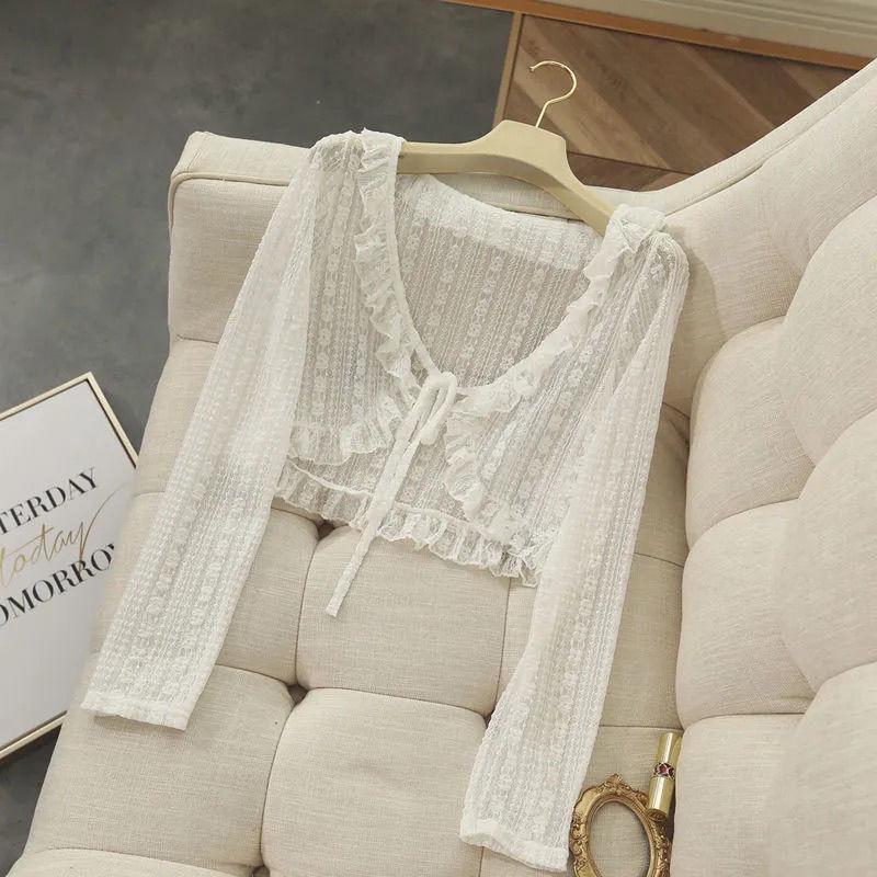 Vielseitiger Spitzen-Cropped-Schal: Langarm Sonnenschutz Strickjacke