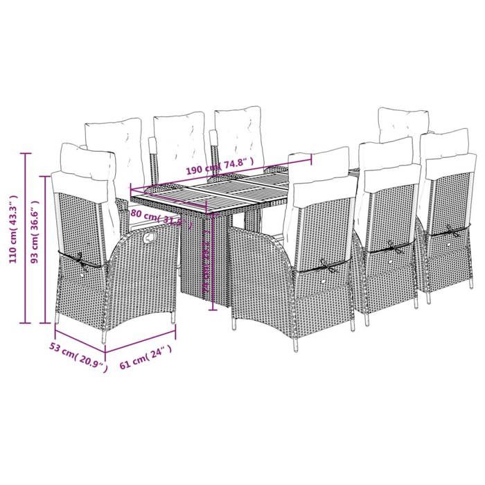 VidaXL Ensemble à Manger de Jardin avec Coussins 9 pcs, Table et Chaises avec Dossier Réglable, Meubles d'Extérieur, 3213367