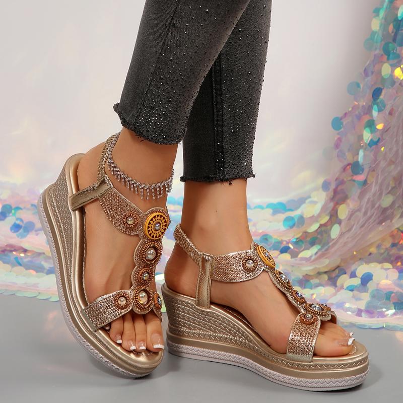 Fashion Bohemia Gold Glitter Sandals Women 2025 Summer Metal Decoration Wedge Heels Sandals Size 43 Brand Designer Sun Totem Shoes Women