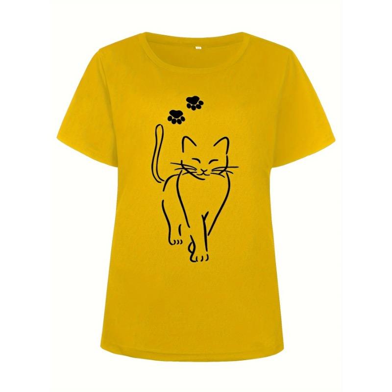 Plus Size Casual T-shirt Women's Plus Cute Cat Paw Print Short Sleeve Round Neck Medium Stretch T-shirt