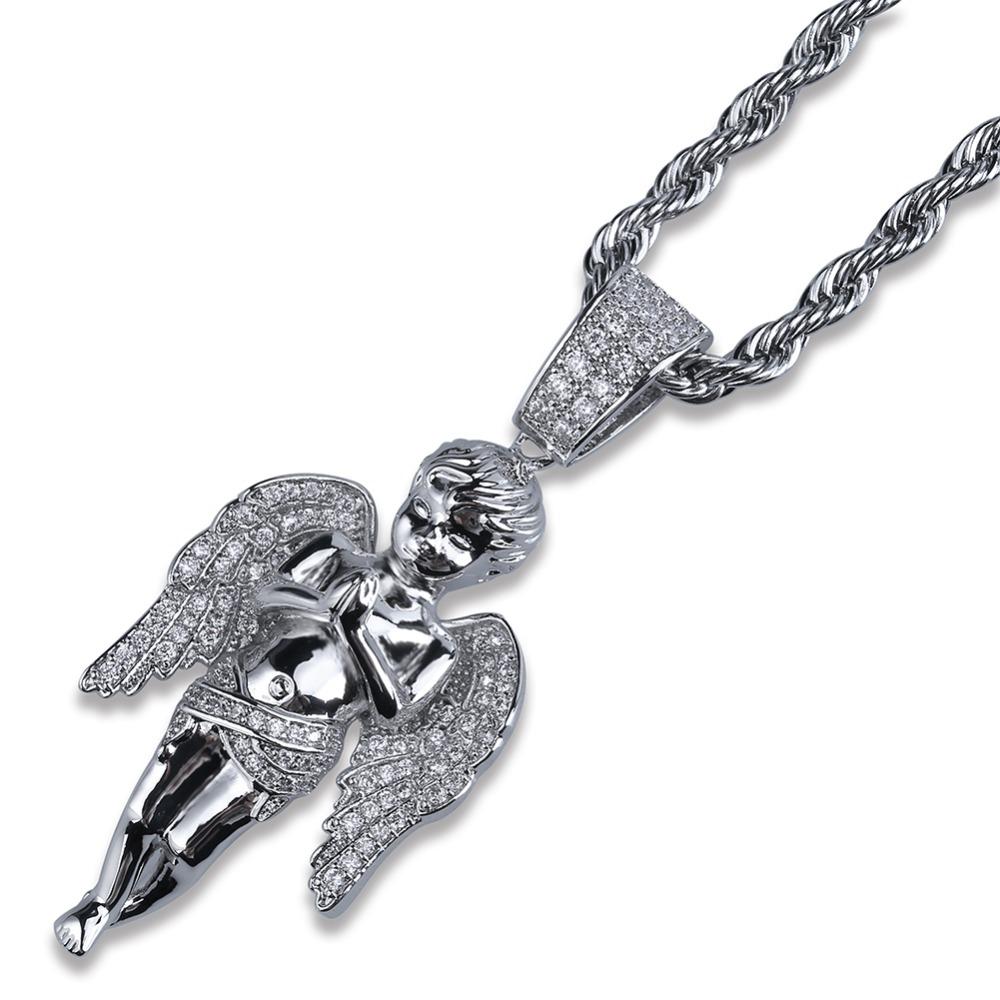 HipHop Herren Damen Halskette Vergoldet Iced Out Mikro-Pavé-Steine Engel Anhänger Halsketten Love'sblessing Geschenke