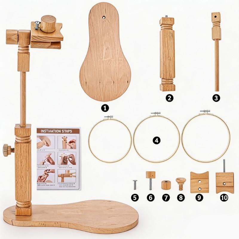 Wood Embroidery Stand with Repositionable Fabric Support, Smooth Components, and Rounded Edges During Needlework Tasks