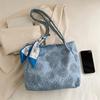 Fashion Embroidery Flower Shoulder Bag Women Large Capacity Ribbon Decoration Handle Bag Casual Commuter Shopping Tote Bag