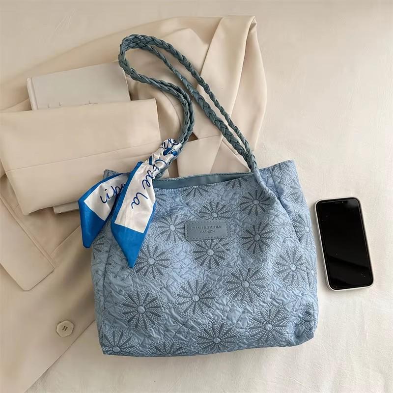 Fashion Embroidery Flower Shoulder Bag Women Large Capacity Ribbon Decoration Handle Bag Casual Commuter Shopping Tote Bag