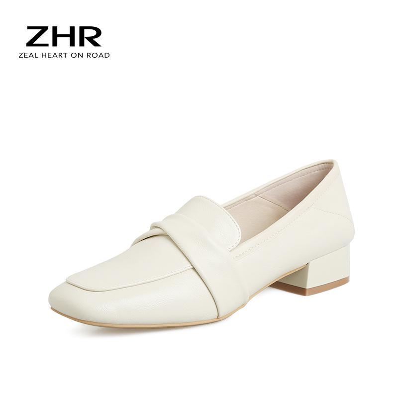 ZHR Women's Thick Heel Square Toe Loafers - Summer 2023 British Style Slip-on Leather Shoes