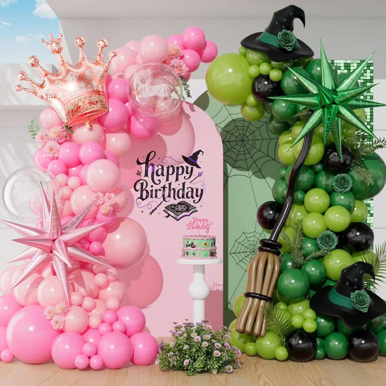 

Pink And Green Balloon Set, Witch And Princess Theme, Silver Exploding Star Bobo Ball Set as shown