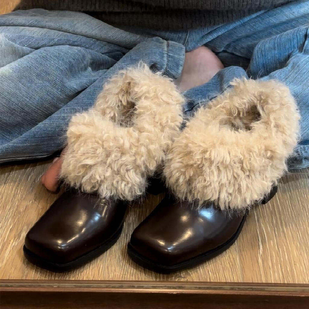 Thick Heel Retro Fluffy Shoes Women's Head Pedal Single Shoes Winter Plush Warm Small Leather Shoes