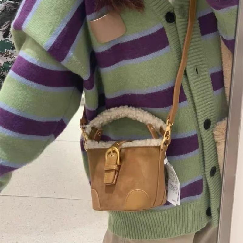 Autumn and winter lamb wool mini bucket bag Maillard suede retro handbag new shoulder messenger bag