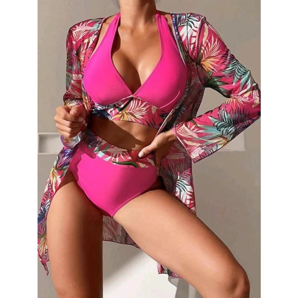 

Тройной купальник из пряжи в стиле бохо с высокой талией и разрезом, сексуальный купальник с принтом и V-образным вырезом XXL розы красного