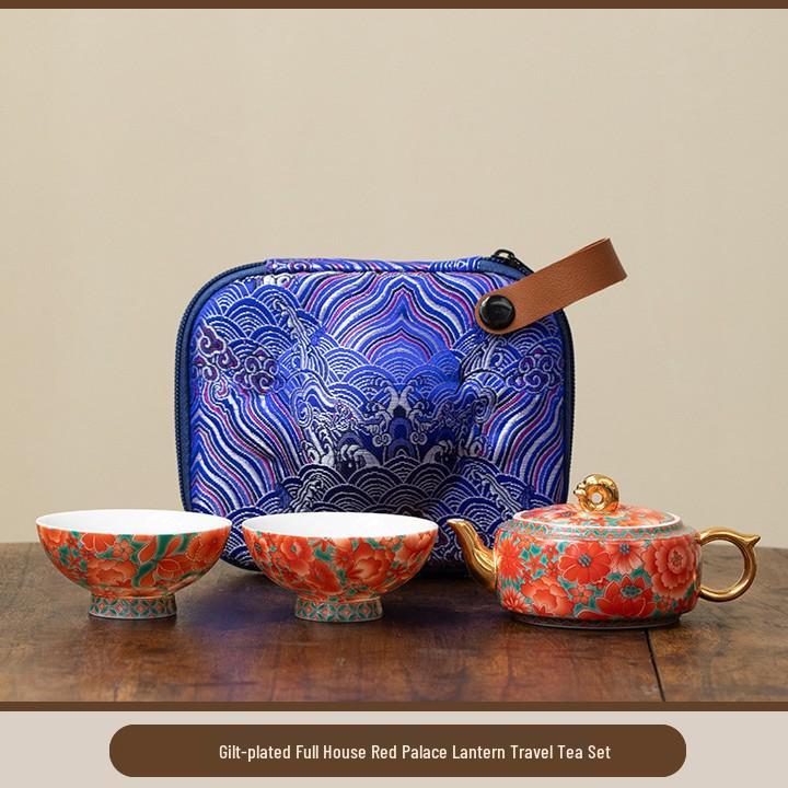 Ru Ware Festive Red Palace Lantern Tea Set - Portable Business Gift with One Pot and Two Cups.