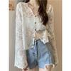 K-style Spring/Summer New Arrival V-neck Single Breasted White See-through Super Fairy Sun Protection Clothing Thin Blouse Lace Shirt Shawl for Women