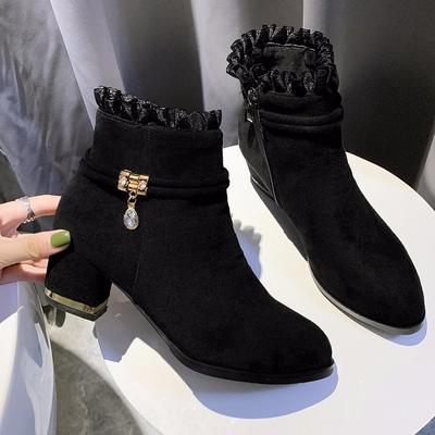 Moda 2024 Moda Eleganckie Botki Damskie Koronkowe Krótkie Botki Damskie Wieczorowa Impreza Buty na Wysokim Obcasie Zamszowe Ciepłe Botas Klasyczna Czerń