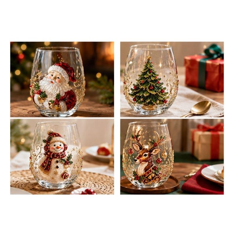 Holiday Beverage Cup, Clear Stemless Christmas Glass with Gold Detail for Table Service and Seasonal Hosting Use