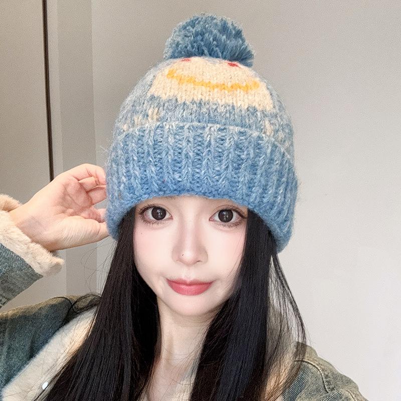 New Cute Jacquard Frog Fur Ball Woolen Hat for Women Autumn and Winter Warm Ear Protection Knitted Hat for Men