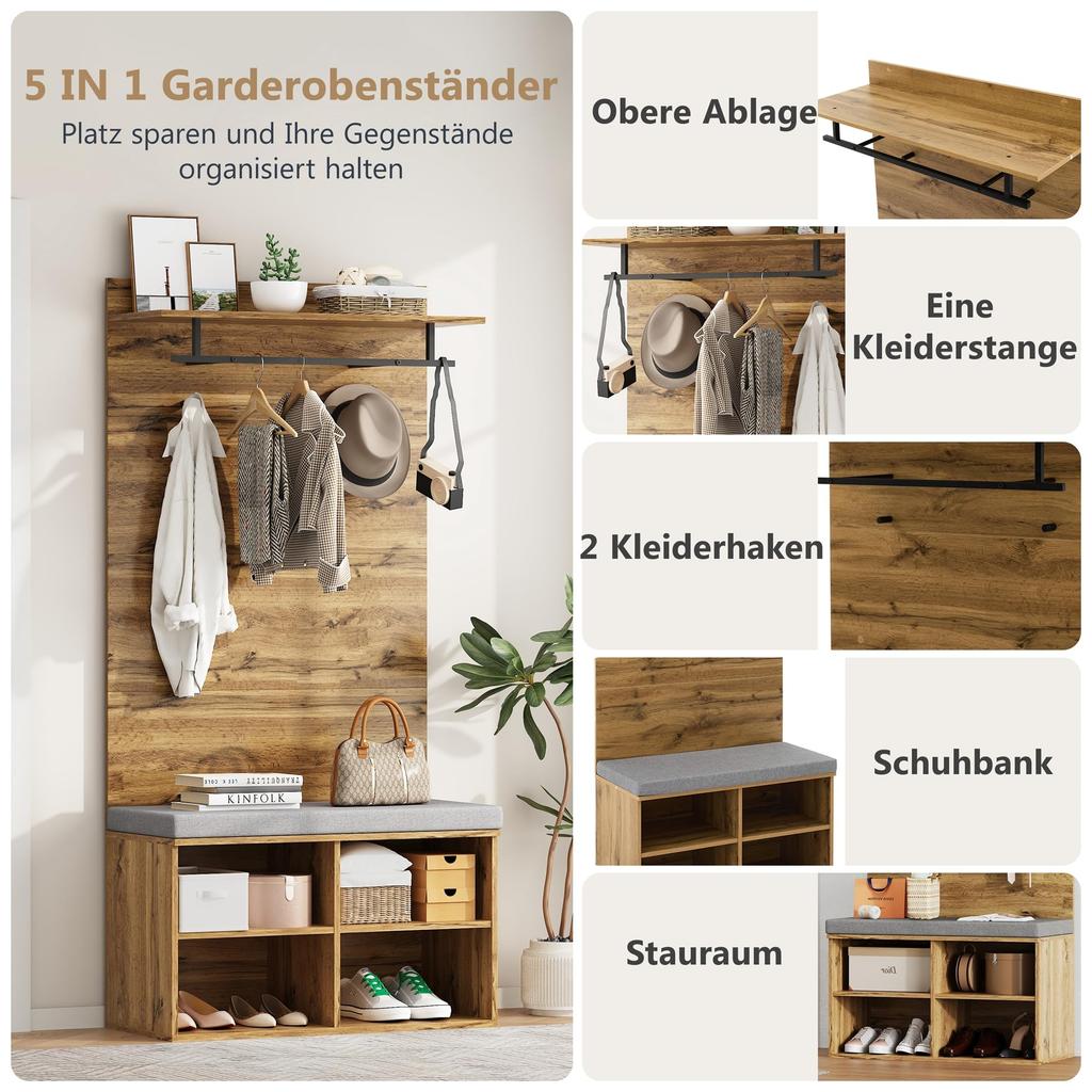 Flurgarderoben Set 175cm hohes, Stylishe Schuhbank, Regal, Kleiderhaken, Kleiderstange, Wandgarderobe verstellbarem Regal, Holzfarbe