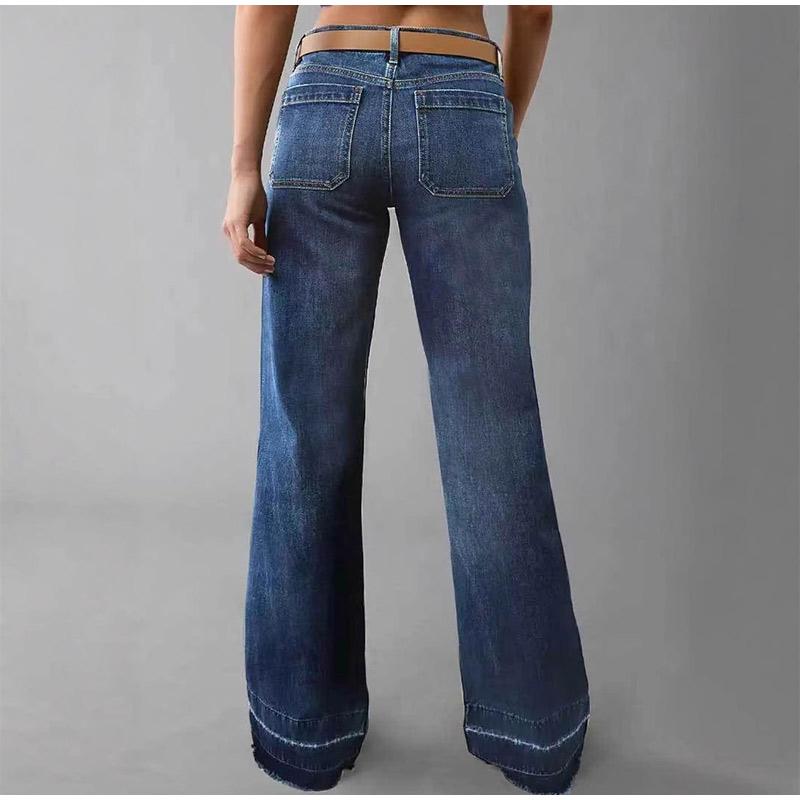 New 2025 Spring Autumn Women's Casual Patchwork Pocket Loose Wide Leg Jeans Long Pants Comfortable Fit Denim Trousers