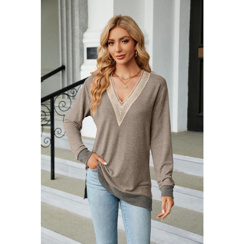 Autumn and Winter Lace V-neck Contrasting Contrasting Slit Loose Long-sleeved T-shirt Tops for Women