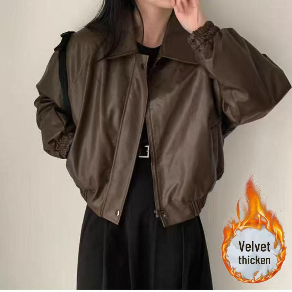 Korean Style Velvet-Lined PU Leather Jacket - Petite, Loose Fit, Short, Autumn/Winter Women's Coat