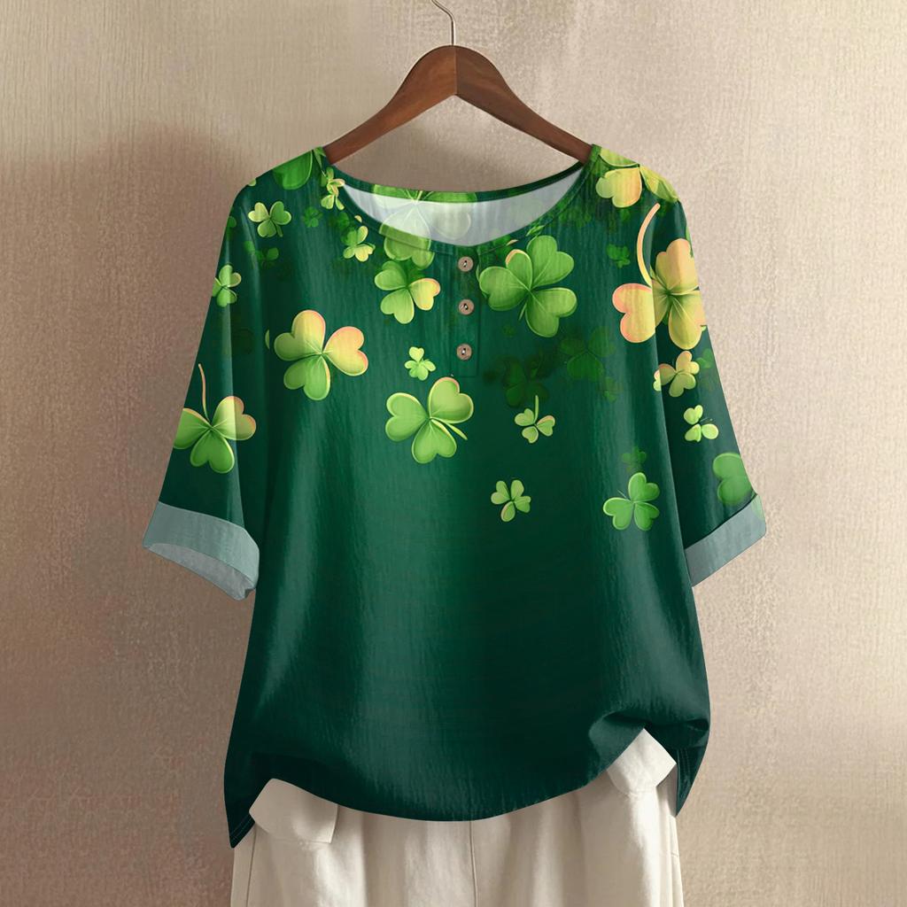 Women's Fashionable And Casual Shirt 3/4 Sleeve Round Neck Print Blouse Top