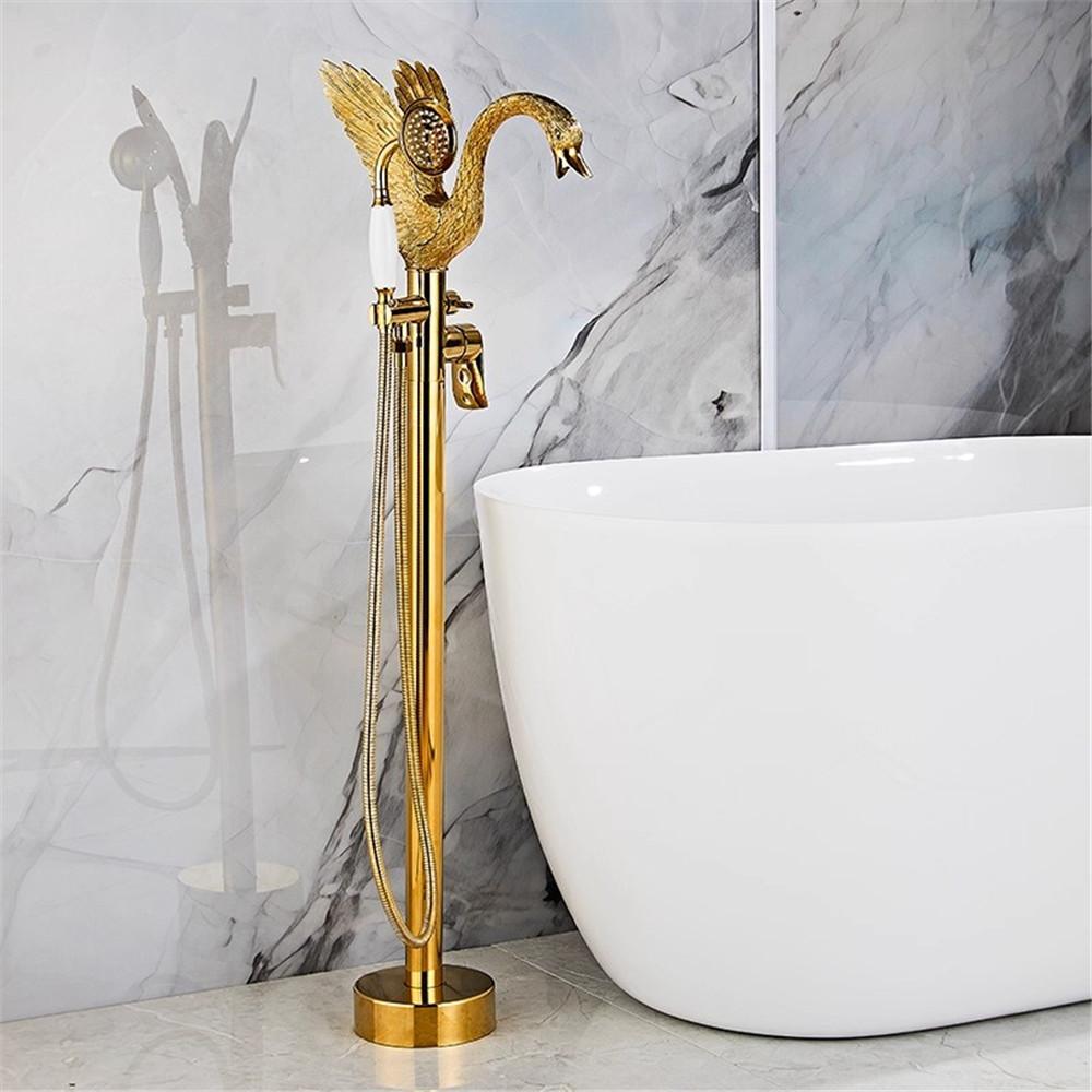 Articstic Creative Gold Swan Bathroom Bathtub Faucet with Handheld Shower Free Standing Brass BathTub Mixer Taps Floor Mounted