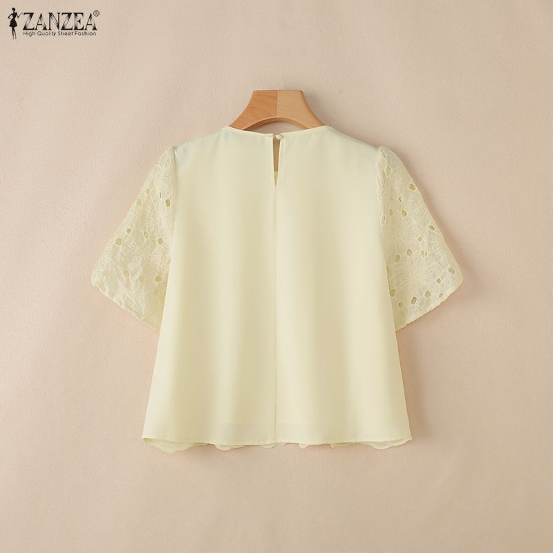 ZANZEA Women Casual Round Neck Short Sleeve Hollow Crochet Patchwork Blouse