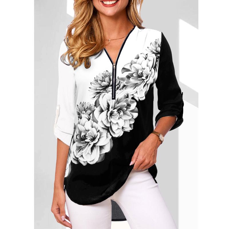 

Autumn Tops Printed V-neck Zipper Long-sleeved T-shirt Casual Street Tee Loose Clothes Female Clothin Women s T-shirt Plus Size Tees XXXXXL