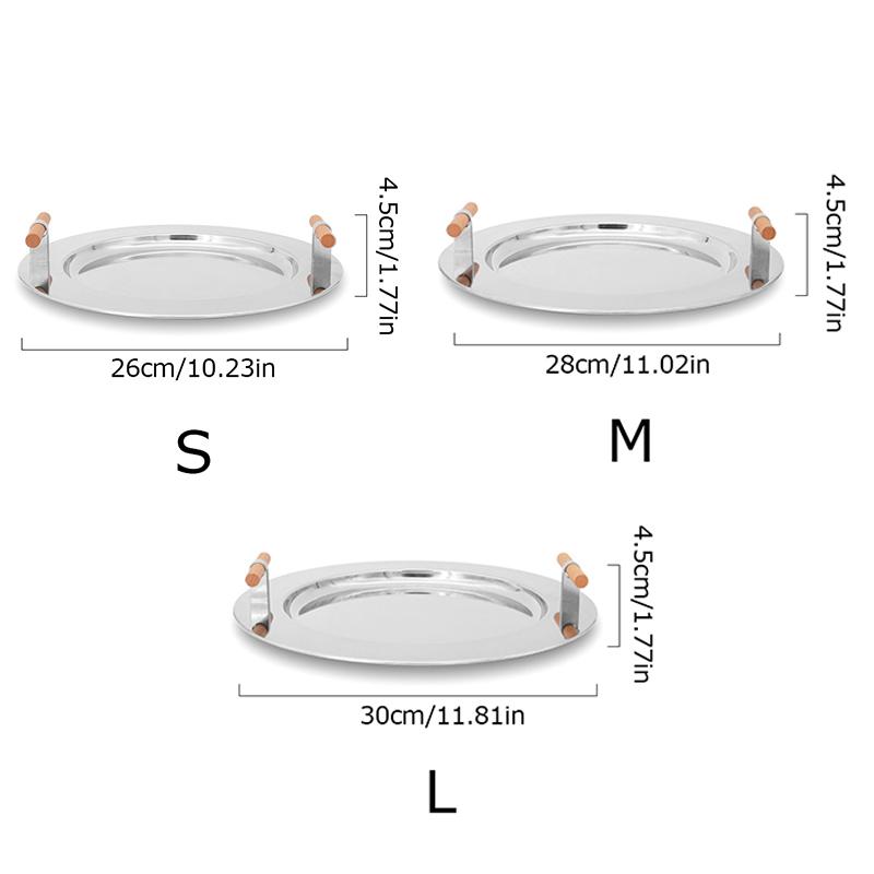 1PC Electroplating Color Decoration Stainless Steel Scandinavian Storage Round Tray Ins Wind Round Tray Wooden Handle