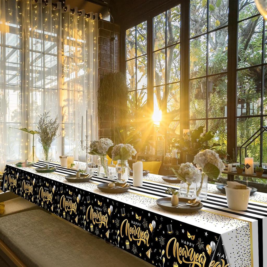 Hallswl 1 Pieces Happy New Year Tablecloths Black Gold Plastic Disposable Table Cloth Rectangle New Year Table Cover for 2026 New Years Eve Party