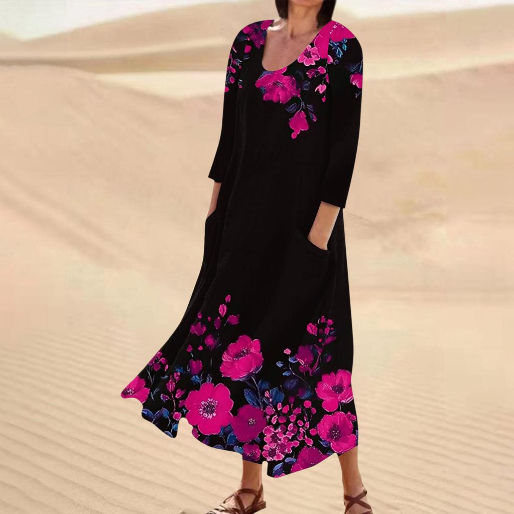 Rochie casual de damă cu imprimeu floral, mânecă trei sferturi, buzunare confortabile
