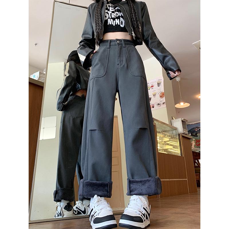 

Women s Plus Size Fleece-Lined Wide Leg Jeans - Autumn/Winter High Waist Cargo Pants M