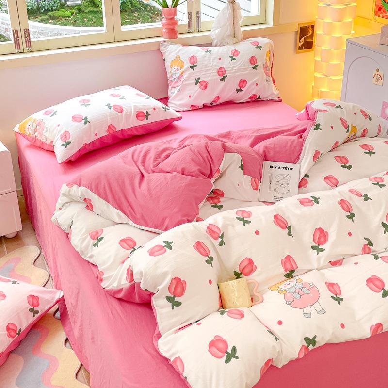 Class A Maternal And Infant Grade Washed Cotton Four-Piece Set Cotton Cartoon Small Fresh Pure Cotton Mattress Quilt Cover 3Pcs Set