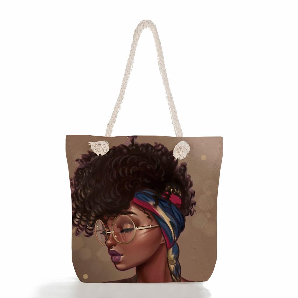Multifunctional Black Girl Printed Thick Rope Shoulder Beach Bag Casual Large Capacity Handbag 0105