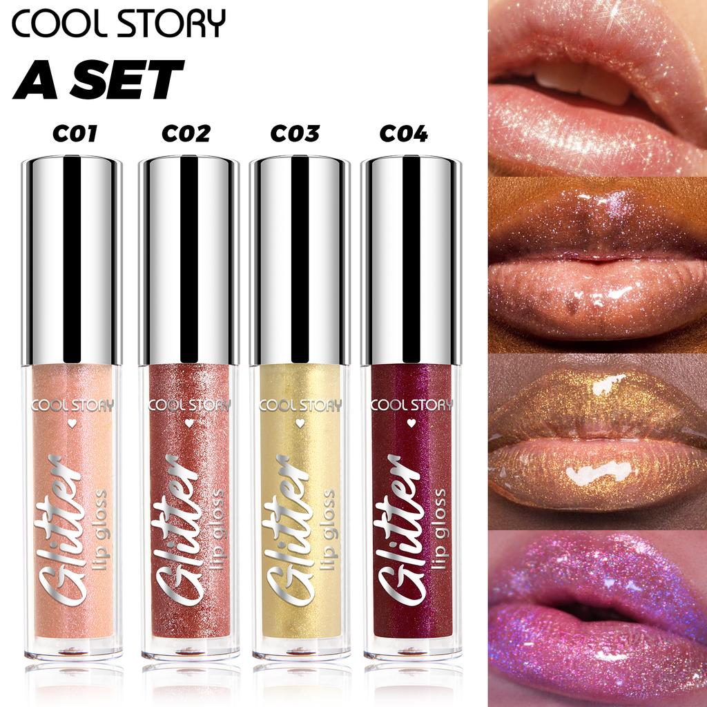 4 Pearlescent Sparkling Lip Gloss Set, 3D Dazzling Polarized Liquid Fine Sparkling Lip Cosmetics, Long-lasting Non-stick Cup Lip Gloss Set