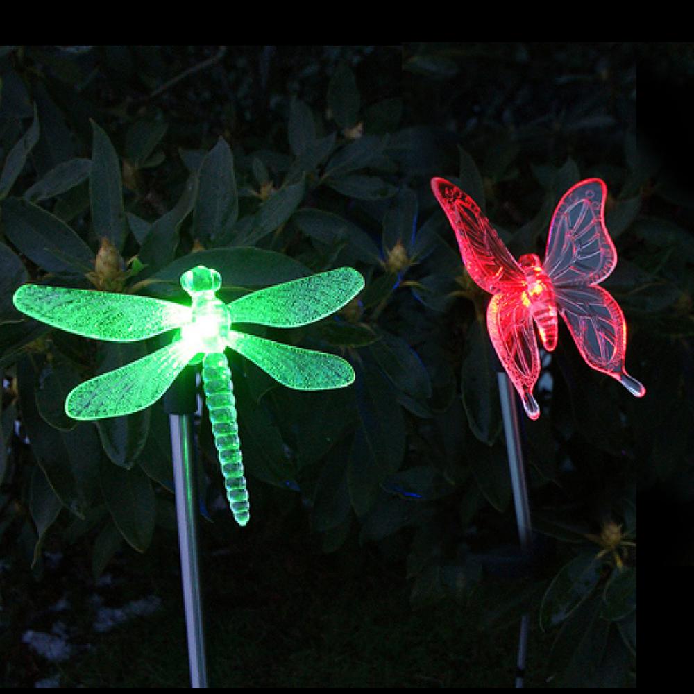 2 Pack LED Solar Garden Stake Light Multi Color Changing Dragonfly Garden Decor Figurines Lights Outdoor Landscape