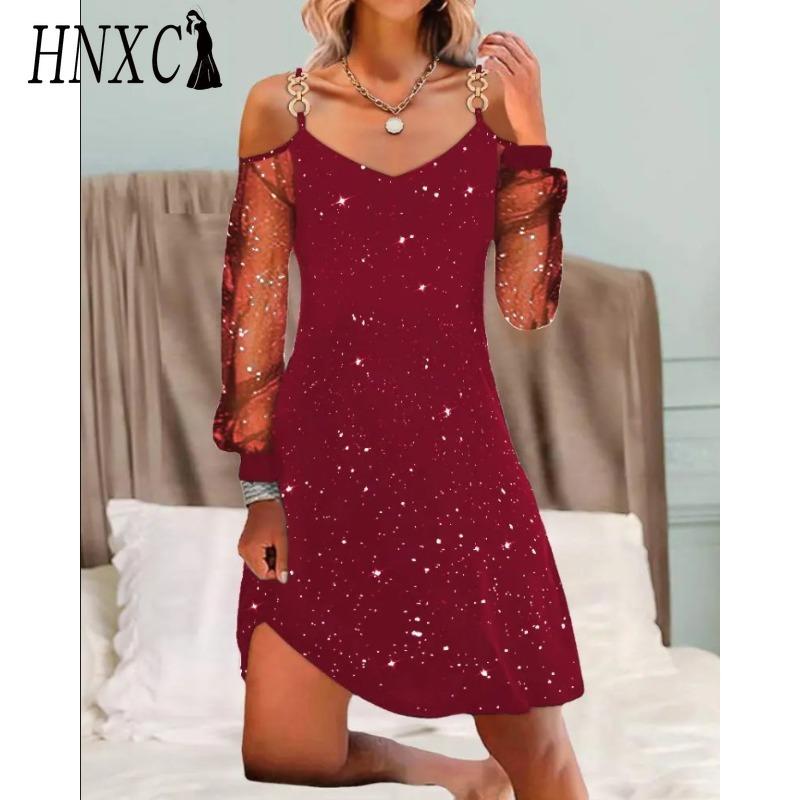 HNXC Women's Fashion Spring Autumn Solid Color Print Long Sleeve V-Neck High Waist Casual Dresses